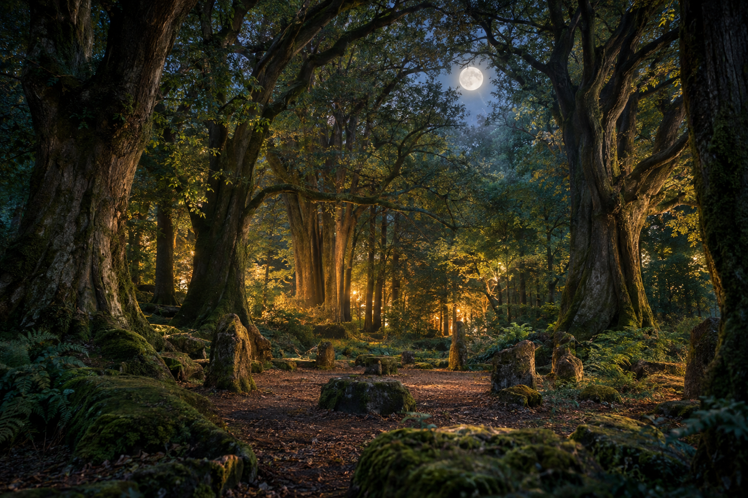 Moonlit sacred forest